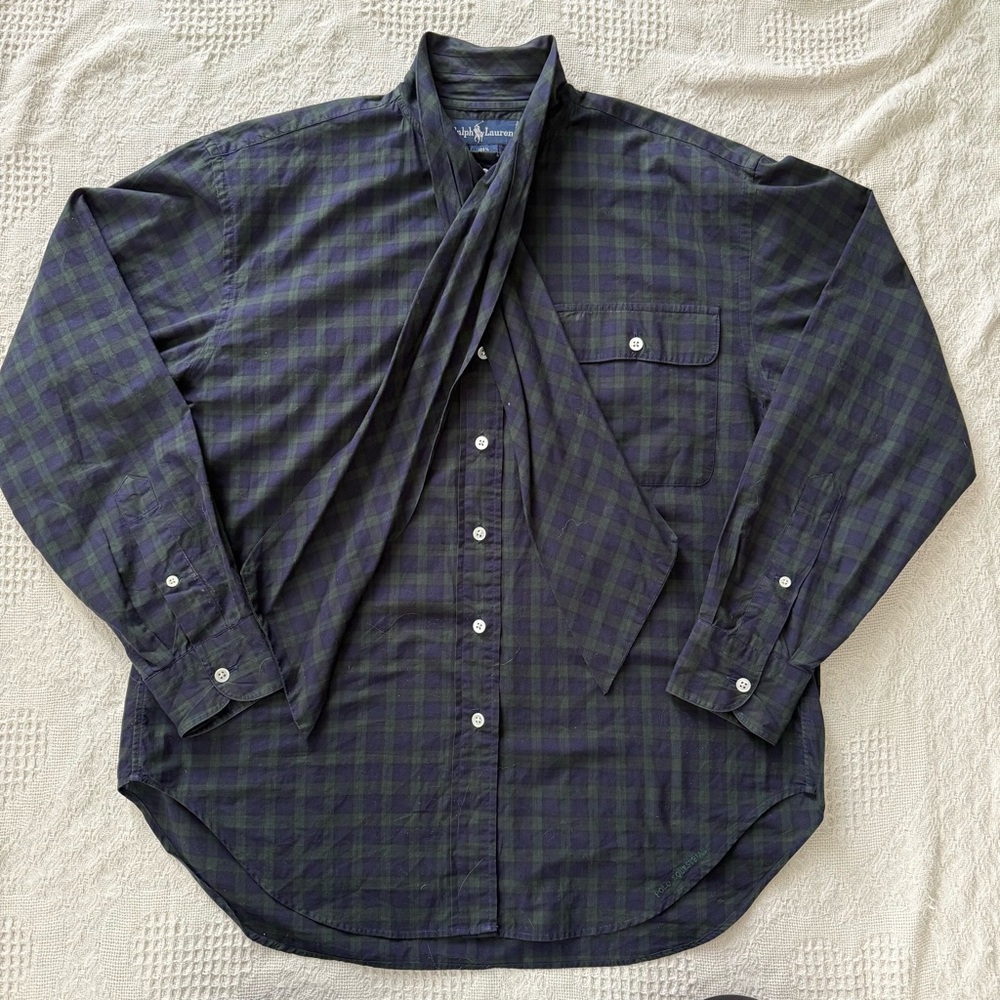Women’s Ralph Lauren Black and Green Plaid Polo Equestrian Shirt with Pussybow
